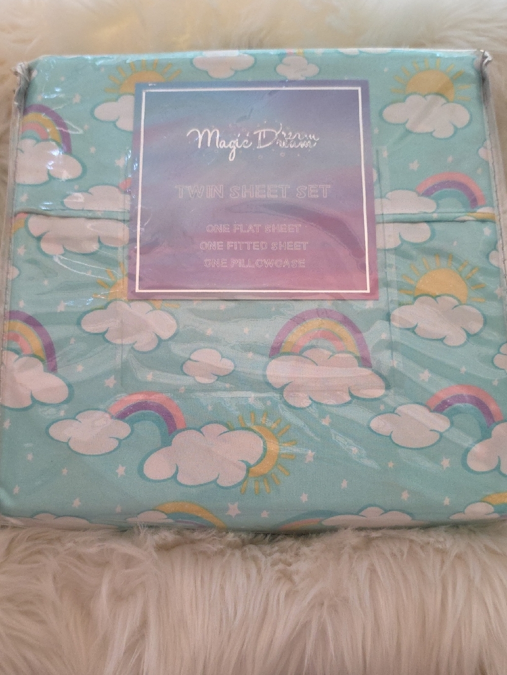Magic Dream Twin Sheet Set - Rainbow Clouds on Aqua
